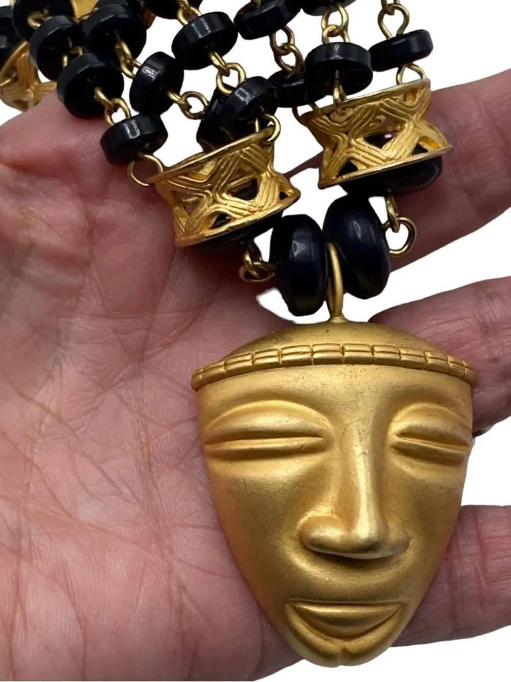 Vintage Tribal Mask Navy Lucite Bead Necklace 1980’s.
